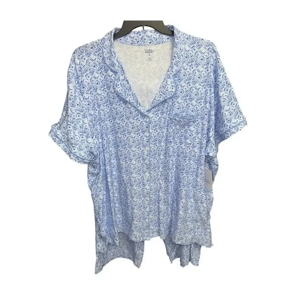 Croft & Barrow 4X Pajamas Blue Crop Capri Pants Collar Button-Up Pockets Stretch